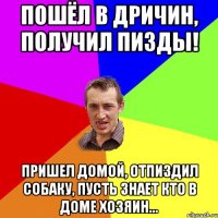 пошёл в Дричин, получил пизды! пришел домой, отпиздил собаку, пусть знает кто в доме хозяин...