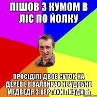 пішов з кумом в ліс по йолку просіділі двое суток на дереві, в валянках не удобно медведя з вертухи пиздить