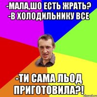 -Мала,шо есть жрать? -В холодильнику все -Ти сама льод приготовила?!