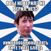 А ТЫ НЕ ВЕРИЛ? НЕ ВЕРИЛ, НЕТ? НИМООООООРЮНЬ БЛЯТЬ ТИ ТЁ ТИ ТЁЁ БЛЯДЬ