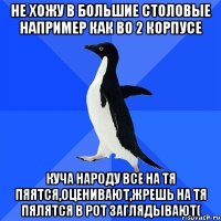 не хожу в большие столовые например как во 2 корпусе куча народу все на тя пяятся,оценивают,жрешь на тя пялятся в рот заглядывают(