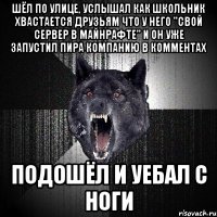 шёл по улице, услышал как школьник хвастается друзьям что у него "свой сервер в майнрафте" и он уже запустил пира компанию в комментах подошёл и уебал с ноги