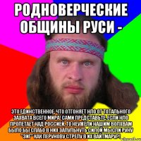 Родноверческие общины Руси - это единственное, что отгоняет НЛО от тотального захвата всего мира! Сами представьте, если НЛО пролетает над Россией, то неужели нашим волхвам было бы слабо в них запульнуть силой мысли руну "Зиг" как Перунову стрелу в их вайтмару?!