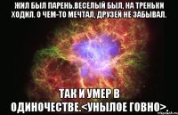 Жил был парень.Веселый был, на треньки ходил. О чем-то мечтал, друзей не забывал. Так и умер в одиночествe.<Унылое говно>.