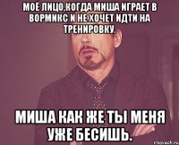 Моё лицо,когда Миша играет в вормикс и не хочет идти на тренировку. Миша как же ты меня уже бесишь.