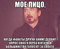 Мое лицо, Когда фанаты других аниме делают опрос своего перса и Итачи,и большинство голосует за своего.