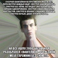 Я изучал Евангелион на протяжении многих лет. Пересмотрел каждый кадр, смотрел задом наперед, смотрел без звука, без видео, смотрел на двух экранах одновременно, смотрел с максимальным контрастом, смотрел в Японии, у знакомого японца, смотрел ночью, днем, утром, вечером. На все ушло 2000 часов. Но я разобрался. Евангелион - очередной меха-гаремник без сюжета.