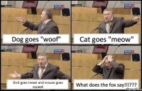 Dog goes "woof" Cat goes "meow" Bird goes tweet and mouse goes squeek What does the fox say!!!???