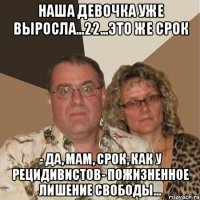 Наша девочка уже выросла...22...это же срок - Да, мам, срок, как у рецидивистов- пожизненное лишение свободы...