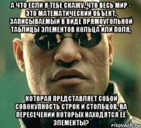 А что если я тебе скажу, что весь мир - это математический объект, записываемый в виде прямоугольной таблицы элементов кольца или поля, которая представляет собой совокупность строк и столбцов, на пересечении которых находятся её элементы?