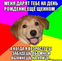 Меня дарят тебе на День Рождение,ещё щенком... А когда я возрасте ты забудешь обо мне и выкинешь на улицу...