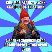 Спи, моя радость, усни. єбало своє ти заткни. А єслі не закриєш єбло, Вовки порвуть тобі сране очко.