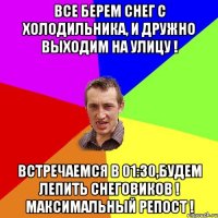 Все берем снег с холодильника, и дружно выходим на улицу ! Встречаемся в 01:30,будем лепить Снеговиков ! Максимальный репост !