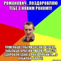 Романович , поздоровляю тебе з новим роком!!! Поменьше тобі жизнєних вєртух , побільше красівих малих , щастя здоровля і довго років прожити....з кобилою кароч!