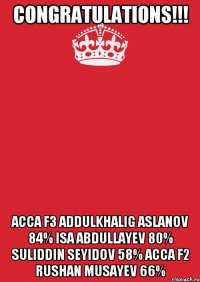 CONGRATULATIONS!!! ACCA F3 Addulkhalig Aslanov 84% Isa Abdullayev 80% Suliddin Seyidov 58% ACCA F2 Rushan Musayev 66%