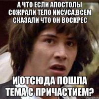 А что если апостолы сожрали тело Иисуса,всем сказали что он воскрес и отсюда пошла тема с причастием?