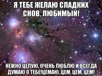 Я тебе желаю сладких снов, любимый! Нежно целую, очень люблю и всегда думаю о тебе!Цемаю, цем, цем, цем!