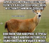 Друг вечером пришол в гости чая попить а я уходил в ночную смену и оставил с ним мою девушку, Они пили чай наверное, а трусы он оставил наврно потому что обмочиил чаем и ушол в моих.
