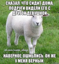 сказал, что сидит дома. подруги видели его с другой девушкой наверное, ошиблись. он же у меня верный.