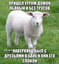 пришел утром домой пьяный и без трусов наверняка, был с друзьями в бане и они его споили