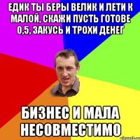 Едик ты беры велик и лети к малой, скажи пусть готове 0,5, закусь и трохи денег бизнес и мала несовместимо