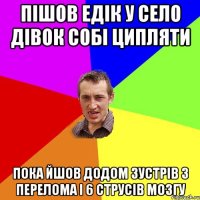 Пішов едік у село дівок собі ципляти Пока йшов додом зустрів 3 перелома і 6 струсів мозгу