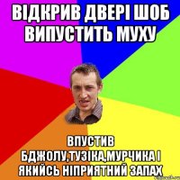 відкрив двері шоб випустить муху впустив бджолу,тузіка,мурчика і якийсь ніприятний запах