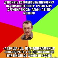 Дзвонить Королевська Януковичу на домашній номер. Трубку бере дружина Люся: - Альо! - А Вітю можна? - А хто це? - Це... його однокласниця! - Шльондра ти, а не однокласниця! Вітя ніколи до школи не ходив!