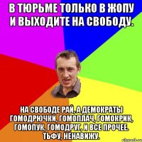 В тюрьме только в жопу и выходите на свободу. На свободе рай, а демократы гомодрючки, гомоплач, гомокрик, гомопук, гомодруг, и все прочее. Тьфу, ненавижу.