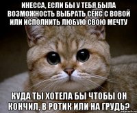 Инесса, если бы у тебя была возможность выбрать секс с Вовой или исполнить любую свою мечту Куда ты хотела бы чтобы он кончил, в ротик или на грудь?