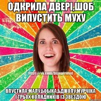 одкрила двері,шоб випустить муху впустила:малу,бобіка,бджолу,мурчіка і трьох колядників із звездою