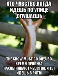 Хто чувство,когда идешь по улице ,слушаешь The show must go on ,а во время припева нахлынивают чувства, и ты идешь в ритм