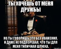 Ты хочешь от меня дружбы Но ты говоришь это без уважения. И даже не подозревая, что ты для меня типичная шлюха.