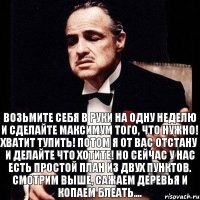 ВОЗЬМИТЕ СЕБЯ В РУКИ НА ОДНУ НЕДЕЛЮ И СДЕЛАЙТЕ МАКСИМУМ ТОГО, ЧТО НУЖНО! ХВАТИТ ТУПИТЬ! ПОТОМ Я ОТ ВАС ОТСТАНУ И ДЕЛАЙТЕ ЧТО ХОТИТЕ! НО СЕЙЧАС У НАС ЕСТЬ ПРОСТОЙ ПЛАН ИЗ ДВУХ ПУНКТОВ. СМОТРИМ ВЫШЕ, САЖАЕМ ДЕРЕВЬЯ И КОПАЕМ БЛЕАТЬ....