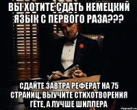 вы хотите сдать немецкий язык с первого раза??? Сдайте завтра реферат на 75 страниц, выучите стихотворения Гёте, а лучше Шиллера