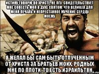 Истину говорю во Христе, не лгу, свидетельствует мне совесть моя в Духе Святом, что великая для меня печаль и непрестанное мучение сердцу моему я желал бы сам быть отлученным от Христа за братьев моих, родных мне по плоти, то есть Израильтян