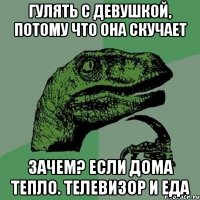 гулять с девушкой, потому что она скучает Зачем? Если дома тепло. телевизор и еда