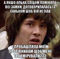 А якшо олька спіцом поміняла всі замки, договорилалась із саньком шоб він не їхав і пробашляла моїм протівникам шоб мене травмірували???