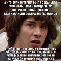 а что, если интернет был создан для того, чтобы мы благодаря ему получали больше знаний, развивались и совершенствовались, а не для того, чтобы мы размещали в нем фотки еды и котят, дурацкие комиксы и мемы, срались в комментах, угрожали незнакомым людям и матюкали их?!