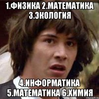 1.ФИЗИКА 2.МАТЕМАТИКА 3.ЭКОЛОГИЯ 4.ИНФОРМАТИКА 5.МАТЕМАТИКА 6.ХИМИЯ