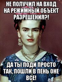 Не получил на вход на режимный объект разрешения?! Да ты поди просто так, пошли в пень оне все!