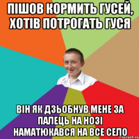 Пішов кормить гусей, хотів потрогать гуся Він як дзьобнув мене за палець на нозі наматюкався на все село