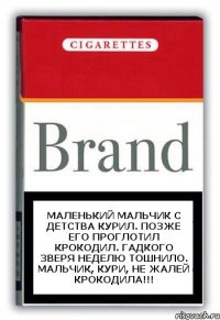 Маленький мальчик с детства курил. Позже его проглотил крокодил. Гадкого зверя неделю тошнило. Мальчик, кури, не жалей крокодила!!!