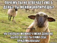 Почему ты не отвечает уже 5 день? Ты меня игнорируешь? Ну сколько можно? У меня денег не было! Вечно ты сама себе придумываешь!