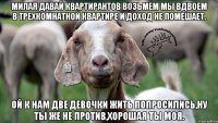 милая давай квартирантов возьмем мы вдвоем в трехкомнатной квартире и доход не помешает. ой к нам две девочки жить попросились,ну ты же не против,хорошая ты моя.