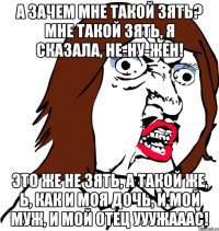 А зачем мне такой зять? Мне такой зять, я сказала, не-ну-жен! Это же не зять, а такой же, Ь, как и моя дочь, и мой муж, и мой отец УУУЖАААС!