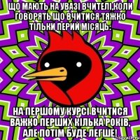 що мають на увазі вчителі,коли говорять що вчитися тяжко тільки перий місяць: На першому курсі вчитися важко перших кілька років, але потім буде легше!