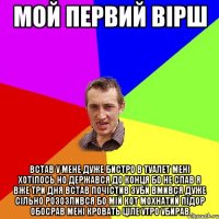 Мой первий вірш встав у мене дуже бистро в туалет менi хотiлось но держався до конця бо не спав я вже три дня встав почiстив зуби вмився дуже сiльно розозлився бо мiй кот мохнатий пiдор обосрав менi кровать цiле утро убирав