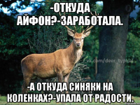 -Откуда айфон?-Заработала. -А откуда синяки на коленках?-упала от радости.