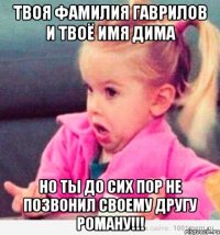 Твоя фамилия Гаврилов и твоё имя Дима Но ты до сих пор не позвонил своему другу Роману!!!